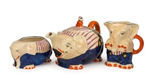 ROYAL VENTON WARE novelty elephant tea service designed by Harold Holdcroft, circa 1920s, (3 items), stamped "Royal Venton Ware, J. Steventon & Sons Ltd. Burslem, Hand-Painted" with Harold Holdcroft signature, ​​​​​​​the teapot 13cm high, 20cm wide
