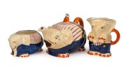 ROYAL VENTON WARE novelty elephant tea service designed by&nbsp;Harold Holdcroft, circa 1920s, (3 items), stamped "Royal Venton Ware, J. Steventon&nbsp;& Sons Ltd. Burslem, Hand-Painted" with&nbsp;Harold Holdcroft&nbsp;signature, ​​​​​​​the teapot 13cm high, 20cm wide