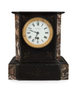 An antique French mantel clock in a Belgian black and marble case, timepiece only with Roman numerals, dial marked "FOR DENIS BROS. MELBOURNE", 19th century, ​​​​​​​27cm high