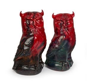 ROYAL DOULTON "Flambe Veined" pair of owl statues, stamped "Royal Doulton, England, Made In England, Flambe Veined", 29cm and 30cm high