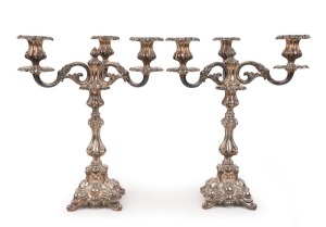 A pair of Austro-Hungarian three branch silver plated candelabra, 19th century, 45cm high