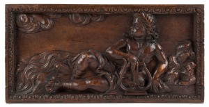 "APOLLO" antique French carved walnut panel, 17th century, bearing various collection or catalogue inventory numbers verso, most likely deaccessioned from a public collection. 30 x 61cm.