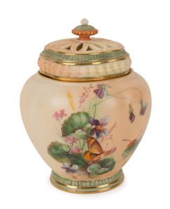 ROYAL WORCESTER antique English porcelain potpourri vase with hand-painted floral decoration, sage green mark to base, ​​​​​​​14cm high