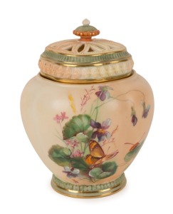 ROYAL WORCESTER antique English porcelain potpourri vase with hand-painted floral decoration, sage green mark to base, 14cm high