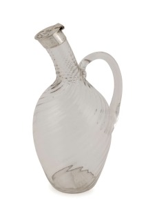 STEVENS & WILLIAMS antique English claret jug with sterling silver top by HEATH & MIDDLETON of Birmingham, circa 1891. The design shows the influence of CHRISTOPHER DRESSER, who designed for both Heath and Stevens & Williams. The top also bearing an engraved armorial crest for the PHILLIPS and LECHMERE families with the motto (translation) "The Love Of My Country Leads Me On", 24cm high