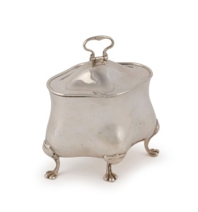 An English Art Nouveau sterling silver tea caddy by E.S. Barnsley of Birmingham, circa 1911. Note: the design was registered in 1901. 11cm high, 10cm wide, 158 grams