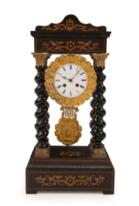 An antique French portico clock with marquetry case, enamel dial with Roman numerals, and 8 day and time strike movement, 19th century, 52 cm high