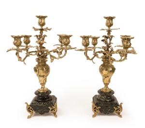 A pair of French Rococo revival five branch candelabras, gilt metal and marble, 19th century, 48cm high 