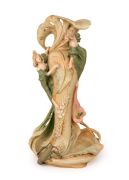 ROYAL DUX Austrian Art Nouveau figural porcelain vase with two maidens, water lily and lobster, circa 1900, pink triangle mark to base, ​​​​​​​an impressive 57cm high