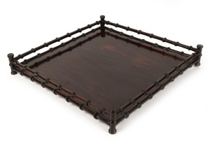 An antique Japanese rosewood square form tray with faux bamboo gallery, Meiji period, 19th/20th century, ​​​​​​​7cm high, 38cm wide, 38cm deep