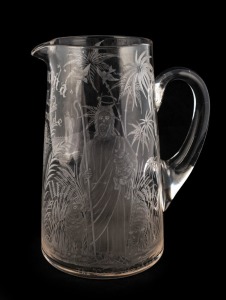 An antique English glass water jug engraved "HOSANNA THE LORD WILL PROVIDE, THE GOOD SHEPHERD, JERUSALEM", circa 1860s, ​​​​​​​20.5cm high