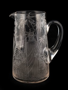 An antique English glass water jug engraved "HOSANNA THE LORD WILL PROVIDE, THE GOOD SHEPHERD, JERUSALEM", circa 1860s, 20.5cm high