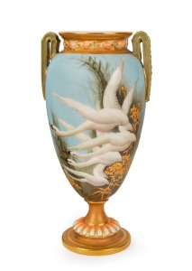 ROYAL WORCESTER antique English porcelain swan vase signed "C.H.C. BALDWYN", 19th century, puce factory mark to base, 18.5cm high
