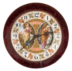 An antique Aesthetic Movement "SUMMER & WINTER" porcelain plate table clock, in plush velvet mount, 19th century, 32cm diameter