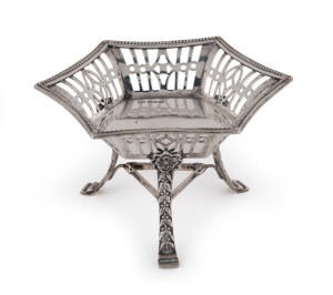 An English Arts & Crafts sterling silver bonbon dish with floral decoration, by George Hape of Sheffield, circa 1904, ​​​​​​​8.5cm high, 14cm wide, 174 grams
