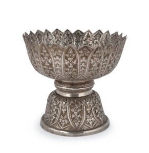 A Thai silver alter bowl of lotus form, early to mid 20th century, 12.5cm high, 14cm wide, 288 grams