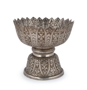 A Thai silver alter bowl of lotus form, early to mid 20th century, ​​​​​​​12.5cm high, 14cm wide, 288 grams