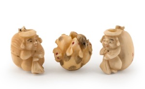 Three antique Japanese carved ivory ojime beads, Meiji period, 19th century, the largest 2cm high. PROVENANCE: The Berry Collection, Melbourne, Young's Auctions, 2008