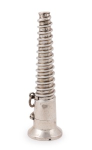 A novelty antique solid silver scent bottle in the form of a carpet screw, with hinged lid and original glass liner, circa 1870s, ​​​​​​​10cm long
