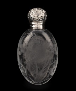 WEBB antique English glass scent bottle with fine wheel cut decoration and sterling silver top, marked for Birmingham, 1891. ​​​​​​​9cm high