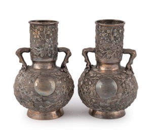 A pair of antique Chinese export silver vases with floral decoration and blank cartouches, 19th/20th century, ​​​​​​​10cm high, 214 grams total