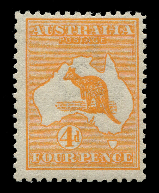 Kangaroos - First Watermark: 4d Orange (Aniline), MUH; BW:15B - Cat $2,250. Drury Certificate (2021).