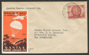 Aerophilately & Flight Covers: 24 December 1946 (AAMC.1089) Sydney - Mornington Island Christmas parachute mail cover, flown for QANTAS by E.R. Nicholl; with special vignette affixed at left and signed by J.B. McCarthy, Superintendent, verso.