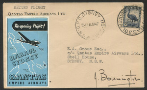 Aerophilately & Flight Covers: 17 January 1947 (AAMC.1092) Rabaul - Sydney flown cover, carried for QANTAS and signed by the pilot, J.A. Bonnington; with special vignette affixed. Very fine.