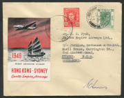 Aerophilately & Flight Covers: 15-19 March 1949 (AAMC.1205) Hong Kong - Sydney flown covers (2), carried by QANTAS Skymaster on a round-trip survey flight under the command of Captain E.C. Sims, who has signed both covers which also bear the attractive sp - 2