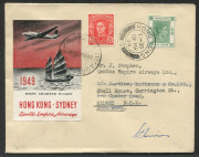 Aerophilately & Flight Covers: 15-19 March 1949 (AAMC.1205) Hong Kong - Sydney flown covers (2), carried by QANTAS Skymaster on a round-trip survey flight under the command of Captain E.C. Sims, who has signed both covers which also bear the attractive sp - 3