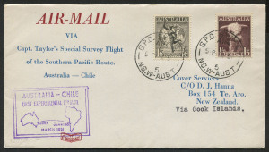 Aerophilately & Flight Covers: 14 March 1951 (AAMC.1271d) Australia - Cook Islands flown cover, carried by Captain P.G. Taylor on his Special Survey Flight from Australia to Chile in his Catalina "Frigate Bird II"; backstamped AITUTAKI. Cat.$200.