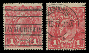 KGV Heads - Single Watermark: 1d Rose [ASCS 71K] Smooth Paper G21 Rusted (Pre-Substituted) ClichÃ©s [Units 34-35] BW:71K(2)j & k (SG 21ca shade), with Haymarket (NSW) or Melbourne cancellations, Cat. $12,000. Rare in any shade other than carmine-red. RPSo
