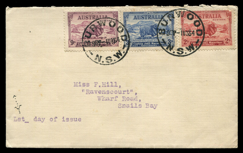 1934 (SG.150-52) Macarthur set (corner fault 2d) tied to plain FDC by BURWOOD (NSW) '1NO34' FD datestamps, fine overall, Cat. $675.