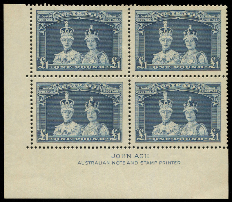 1937-49 (SG.176-178) 5/- to £1 Robes (Thick Paper) Ash Imprint blocks of 4, fall blocks with lower units MUH, upper units Mint. (12).