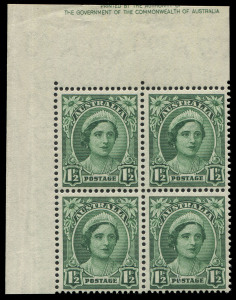 1942-50 (SG.204) 1½d green Queen Elizabeth, upper-left corner block (4) with "Misplacement of large part of the Authority imprint from adjoining pane into the upper sheet margin" BW:226ze variety, upper units MVLH, lower units MUH.