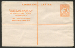 Registration Envelopes: AUSTRALIA: Postal Stationery: Registration Envelopes: 1913 4d Kangaroo 'REGISTERED LETTER' at top Die IIB, variety "Large 'T' in 'MUST'", indicium with small surface abrasion, unused, BW: RE3d - Cat $250.