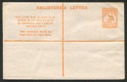 Registration Envelopes: AUSTRALIA: Postal Stationery: Registration Envelopes: 1913 4d Kangaroo 'REGISTERED LETTER' at top Die IIB, variety "Large 'T' in 'MUST'", indicium with small surface abrasion, unused, BW: RE3d - Cat $250.