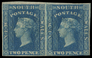 NEW SOUTH WALES: 1856-60 (SG.110) 2d blue, Imperforate horizontal pair with large-to-close margins. Delightful, fresh Mint o.g. condition. (2). Cat.£750.