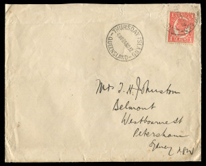 PAPUA - Postal History:1912 (Nov. 24) cover to Sydney with Queensland 1d Sideface tied by THURSDAY ISLAND '24NO12' cds with another superb strike alongside; 'KONINKLIJKE PAKETVAART MAATSCHAPPIJ' ship illustration on the cover flap and as part of the illus