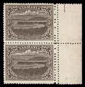 TASMANIA: 1905-11 (SG.253c) 3d brown, perforated 12&frac12; x 11 vertical marginal pair, both units also displaying the double vertical row of different gauged perforations at right. Upper unit Mint; lower unit MUH. Cat.&pound;850+. - 3