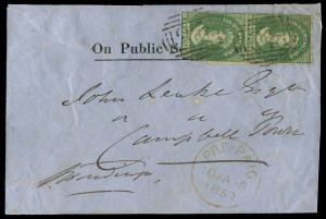 TASMANIA - Postal History: 1859 (Jan.16) "On Public Service Only" cover to Campbell Town with imperf 2d pair SG.31 tied by First Allocation BN '46' cancels of New Town (Rated 4R). This cover was sent between 1st Jan. and 30th Sept 1859 when the Government free mail service was suspended and an "official rate" of 4d was applied. It is believed to be the only known example sent at this interim rate.