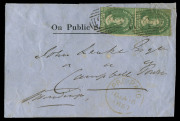 TASMANIA - Postal History: 1859 (Jan.16) "On Public Service Only" cover to Campbell Town with imperf 2d pair SG.31 tied by First Allocation BN '46' cancels of New Town (Rated 4R). This cover was sent between 1st Jan. and 30th Sept 1859 when the Government - 2
