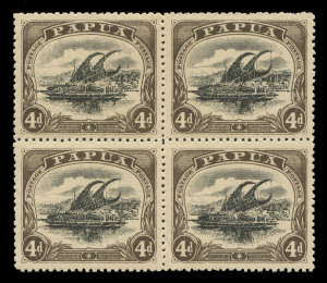 PAPUA:1910-11 (SG.79a) Large 'PAPUA' Wmk Crown/double-lined A, 4d black & sepia, perf.12½ block (4), lower-right unit variety "Deformed 'd' at left, superb centring, MLH, Cat £260+.