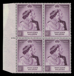 PITCAIRN ISLANDS:1949 (SG.11-12) Silver Wedding 1½d & 10/- in marginal blocks of 4, the 1½d with gum faults, MUH, Cat £160+. (8).