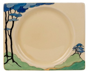 CLARICE CLIFF "Blue Firs" English porcelain plate, stamped "Bizarre By Clarice Cliff, The Biarritz, Royal Staffordshire, England", 23cm wide