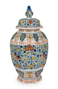 An antique tin-glazed earthenware lidded vase, 18th/19th century, 33cm high