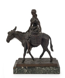 An antique bronze statue of a peasant woman on a mule, signed "Guradze", 19th/20th century, ​​​​​​​26cm high