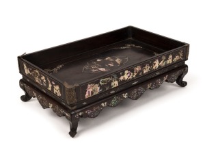 An antique Vietnamese wedding tray, rosewood and silver inlaid with mother of pearl, circa 1860, 10cm high, 31cm wide, 19cm deep