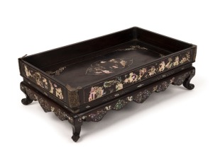 An antique Vietnamese wedding tray, rosewood and silver inlaid with mother of pearl, circa 1860, ​​​​​​​10cm high, 31cm wide, 19cm deep