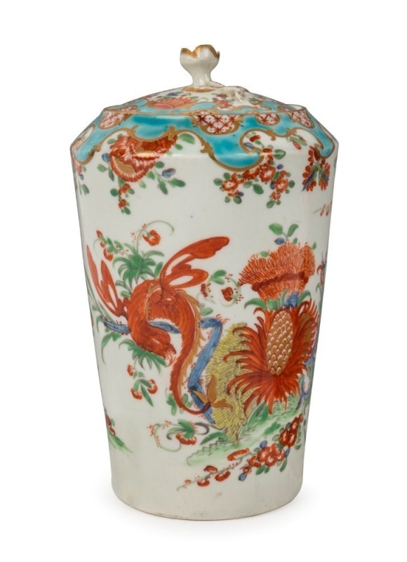 DR. WALL "JABBERWOCKY" pattern English porcelain lidded tea caddy, circa 1760, 14cm high